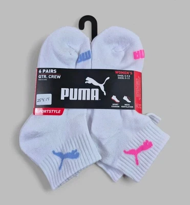 Meias femininas PUMA 1/4 tripulação malha acolchoada ventilação 6 pares sapato tamanho 5-9.5 - Imagem 1 de 2