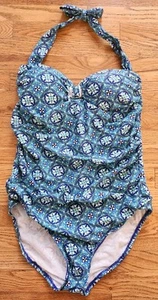 Spanx Assets One Piece Swimsuit Geometric Blue Push Up Halter XL NWOT - Picture 1 of 9