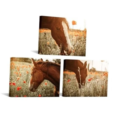  Arte de parede com estampas de cavalo emoldurada de cavalo e flores quadros de tela parede pequena - Imagem 1 de 4