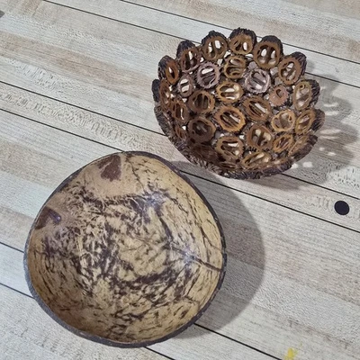 Pair Natural Bowls Cocunut Walnut Eco Friendly Handicraft Organic Decor  - Image 1 of 4