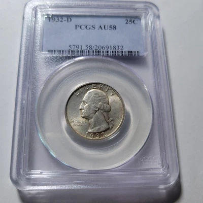 1932-D WASHINGTON Quarter 25c Cents 90% Silver Coin ~ PCGS Certified AU58 ~ KEY - Image 1 of 4