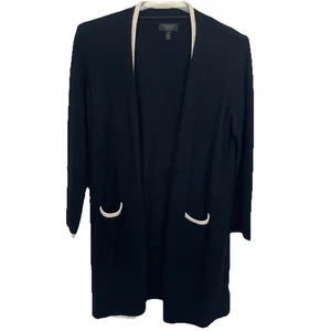 Charter Club Cashmere Sweater Cardigan Womens Medium Black Ivory Trim Duster - Picture 1 of 13