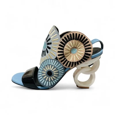 Vinci Calf Leather Parama Blue Ankle Strap Sandals Sz 38 Sculptural 4" Heel - Image 1 of 4