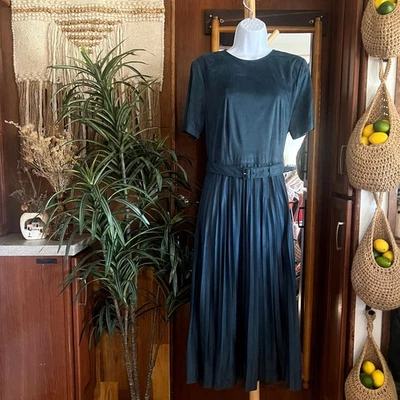 NWT Ann Taylor Faux Suede Pleated Midi Dress 14P | Teal Green Holiday Elegant - Image 1 of 4