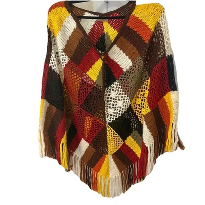 Poncho Diabless tejido a mano vintage multicolor ganchillo con flecos bohemio usado en excelente estado Foto 1 de 4