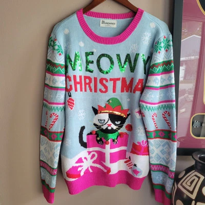 Suéter No Boundaries Navidad Para Mujer Talla XL Azul Claro Gato Negro/Blanco Foto 1 de 4