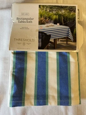 Threshold Striped Tablecloth Blue / Green 60” x 104” Summer Cotton New! - Image 1 of 4