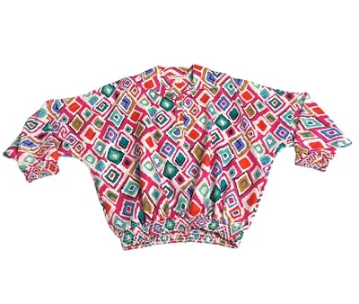 Vintage Gabriela Top Feminino XL Geométrico Floral Cetim Anos 80 Anos 90 Popover Iridescente - Imagem 1 de 4