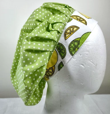 Bouffant Scrub Cap Chemo Hat Chef Handmade Cotton Lemon Lime Dots 23.5” to 33.5” - Image 1 of 4