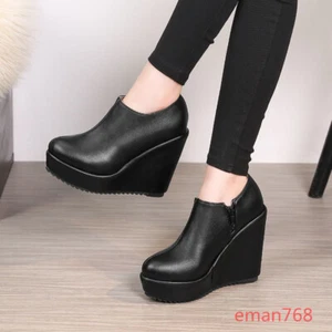 Women Wedge High Heel Platform Low Top Ankle Boots Casual Pumps Winter Shoes Sz - Picture 1 of 14