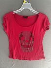 Grass Collection Rhinestone Skull Shirt Womens XS Short Sleeve Cropped Red