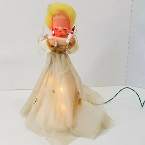 Vintage Angel Tree Topper Lighted  Wings Blonde Closed Eyes Halo Candles Works - Picture 1 of 11