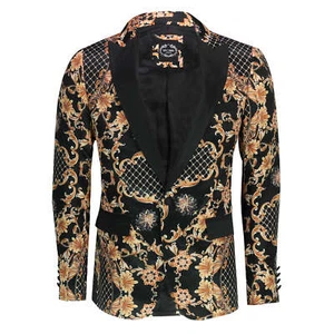 Mens Gold Floral Damask Print Black Dinner Jacket Smart Tailor Fit Retro Blazer - Picture 1 of 4