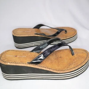 Tommy Hilfiger Wedge Flip Flop Sandal Black Women's Size 8 - Picture 1 of 9