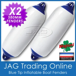 2 x MAJONI 580 x 150mm BOAT FENDERS - White/Blue Tip Inflatable Dock Buffers - Picture 1 of 5