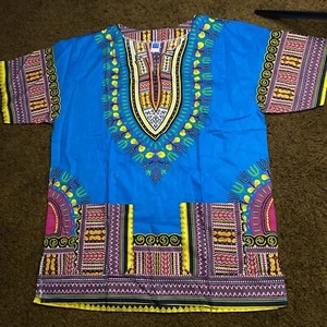 New MAMA & PAPA African Dashiki Shirt Tunic Ethnic Hippie Boho Medium Blue NWOT - Picture 1 of 10