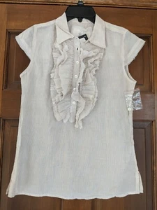Cino 100% Cotton Striped Sand Ruffled Button Front Blouse Women's sz XS Ret $125 - Picture 1 of 7
