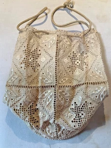 Antiguo bolso victoriano con ojales de encaje retícula cordón marfil lino francés - Imagen 1 de 13