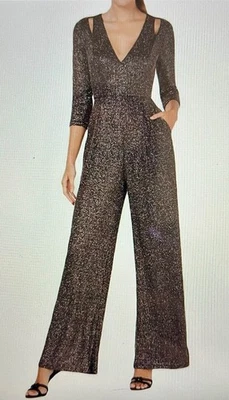 Calvin Klein Three Quarter Sleeves Jumpsuit w/ Shoulder Cut Outs,  Black/Multi  - Image 1 of 4