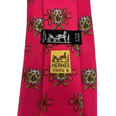 Hermes Mens Tie French Tasseled Rope Drums Red Silk 7174 FA 3 3/8" (W) 56.5" (L) - Image 1 of 4