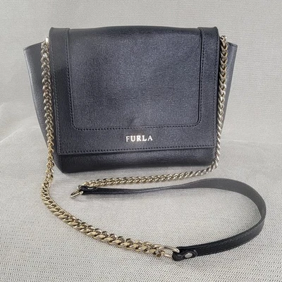 Furla Bag Ginevra Chain Strap Shoulder Black Leather Italian Crossbody Old Money - Image 1 of 4