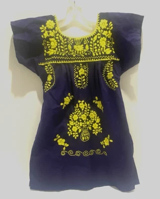Vestido boho floral bordado amarillo algodón púrpura mexicano talla 2 para niñas Foto 1 de 4