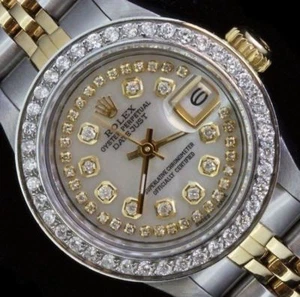 Rolex Ladies Date Oyster Stainless Gold Diamond Dial Bezel Watch - Picture 1 of 12