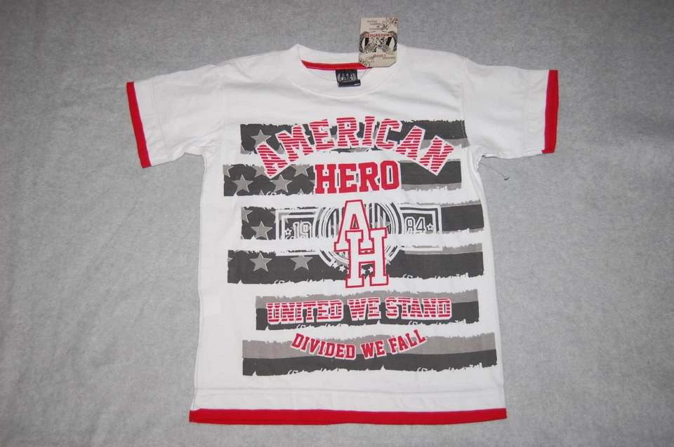 Boys Tee Shirt WHITE Red Black Gray AMERICAN HERO Stars Stripes UNITED Size 7 - Image 1 of 1