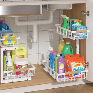 under Sink Organizer 2 Packs, Pull Out Kitchen Sink Organizer, 2 Tier Slide Out - Picture 1 of 7