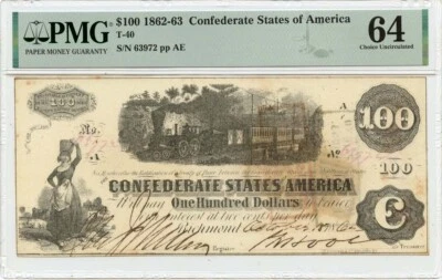 1862-63 $100 Confederate States of America T-40 PMG CH64 - Image 1 of 2