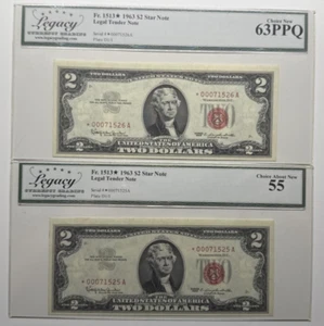 LEGACY63/55 STAR TWO CONSECUTIVE 1963 2$ LOW SERIAL # THREE 000 DIGITS 1525/6A - Picture 1 of 2