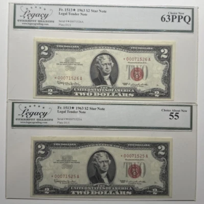 LEGACY63/55 STAR TWO CONSECUTIVE 1963 2$ LOW SERIAL # THREE 000 DIGITS 1525/6A - Image 1 of 2