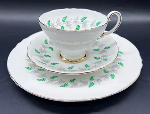 Crown Staffordshire CRS99 Green Grey Vine Tea Trio Cup Saucer Salad Plate - Picture 1 of 9