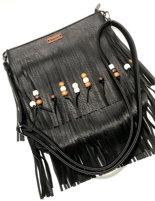 Сумочка через плечо Tazzle's 1 из 1 кожаная черная с бахромой и деревянными бусинами. Качество 👍 - Изображение 1 из 4
