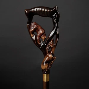 Forest Song Hand Carved Handmade Bear & Ram Wooden Cane,Walking Stick for Gifts - Picture 1 of 10
