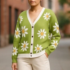 NWT UMGEE Lime Green Floral V Neck Y2K Sweater Cardigan - Picture 1 of 9