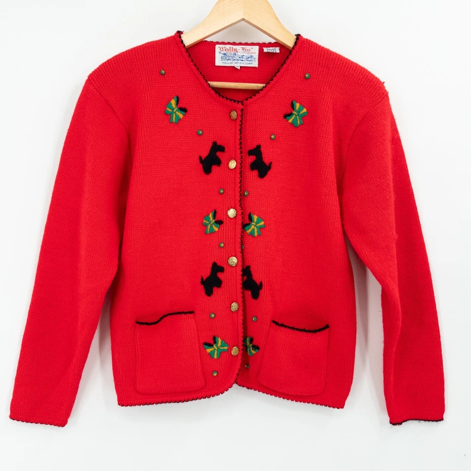 Cárdigan Vintage Scottie Perro Vacaciones Navidad Talla M Suéter Res Retro Abuela Foto 1 de 4