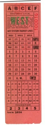 Transferencia de tranvía: Key System Transit Lines, Transbay Local, Oakland, CA - 1951 Foto 1 de 2