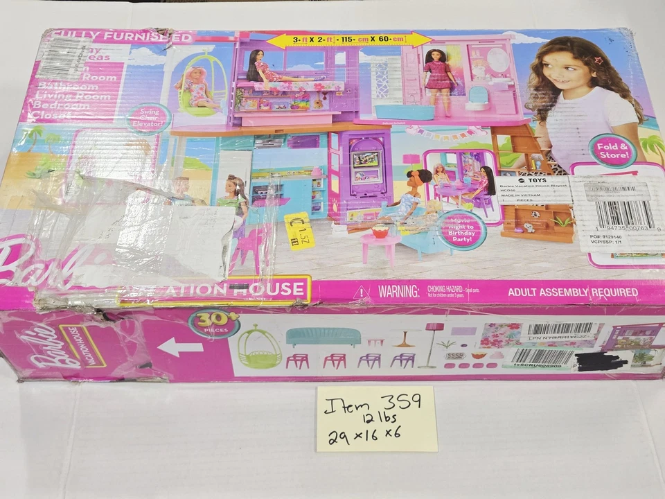 Barbie Vacation House Playset HCD50 Fully Furnished 30pc Dollhouse Fold - Image 1 of 4