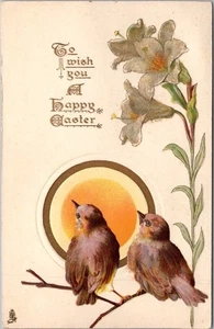 Vintage 1910s HAPPY EASTER Postcard Birds on Branch Lily Flowers / Tuck's E-1015 - Picture 1 of 2