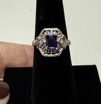 14K Art Deco Style White Gold Lab Created Blue Sapphire Ring 3.24grams Size 6.5 - Image 1 of 4