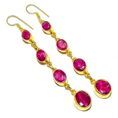 Pendiente antiguo enchapado en oro amarillo de 18k con piedras preciosas de rubí (simulado) 3,71" E7-881 Foto 1 de 3