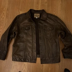 Vintage 90’s Gap Blue Jeans Brown Trucker Style Button-Up Leather Jacket XL - Bild 1 von 16
