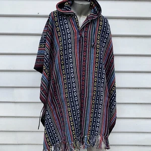 Unisex Cotton Hooded Poncho Mexican Baja Style Multicolour Stripe Unbrushed Cape - Picture 1 of 4