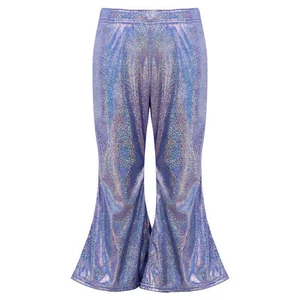 Girls Metallic Trousers Bell Bottom Leggings Pants Sequins High Waist Dancewear - Picture 1 of 51