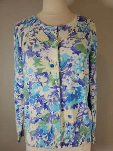 LL Bean Womens Sz M Pastel Floral Cardigan Sweater Supima Cotton Blue - Picture 1 of 11