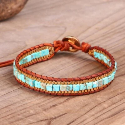 Natural Turquoise Stone Cube Braided Bracelet Blue Gemstone Bracelet Adjustable - Image 1 of 3
