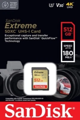 SanDisk 512GB Extreme 180MB/s Class 10 SDXC  SD Card U3 Memory Card SDSDXVV-512G - Image 1 of 4