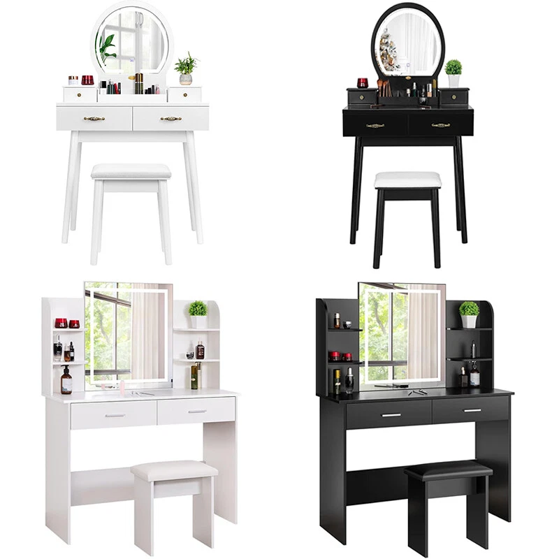 Vanity Table Set Makeup Dressing Table w/ 3-Color Lighted Mirror Cushioned Stool - Image 1 of 4
