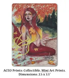 Gothic Fantasy Kunst ACEO DRUCK MEERJUNGFRAU Strand Herbst Blätter rot gelb orange Herbst - Bild 1 von 3